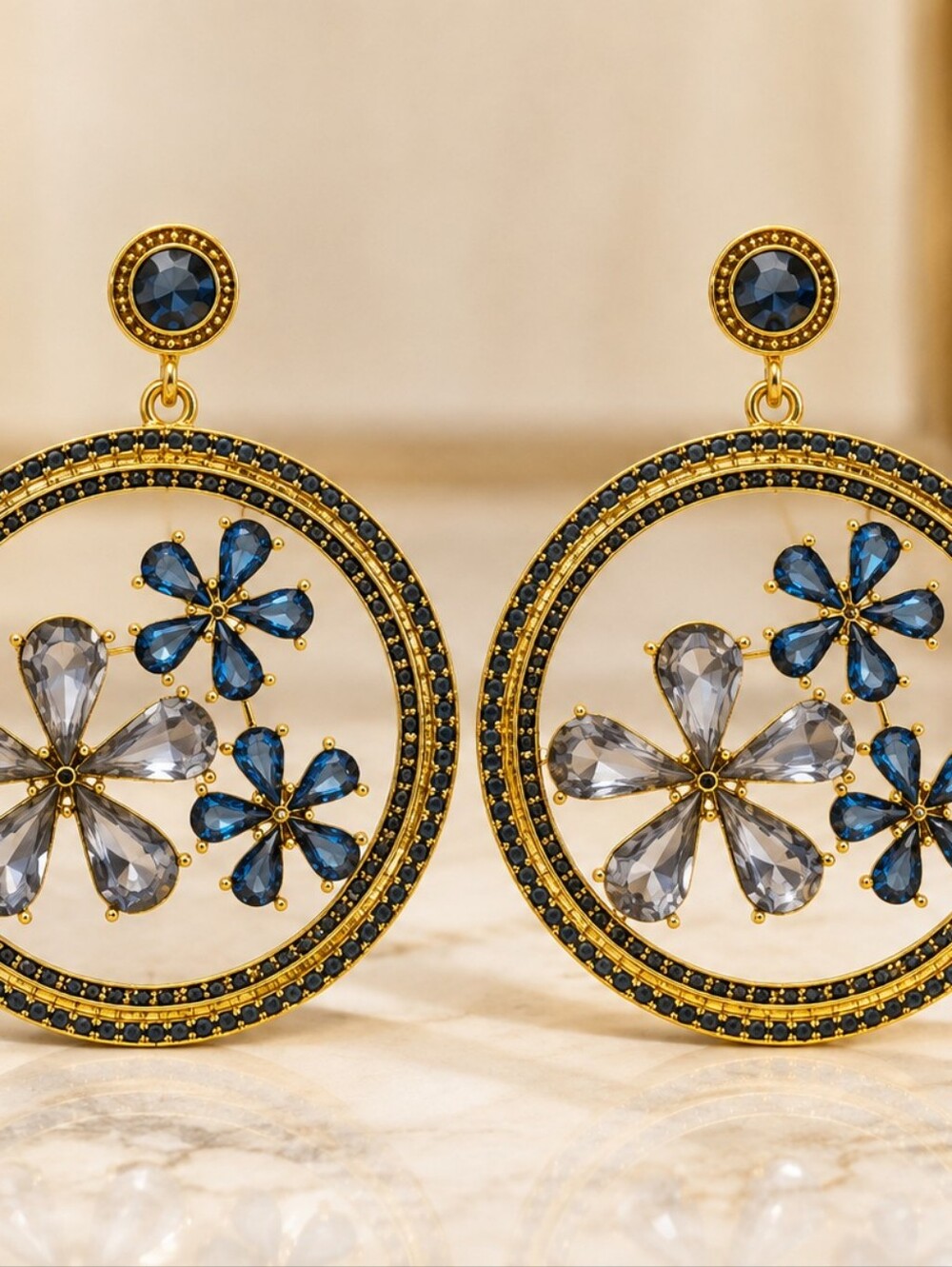 Gold-Tone Blue Floral Drop Earrings